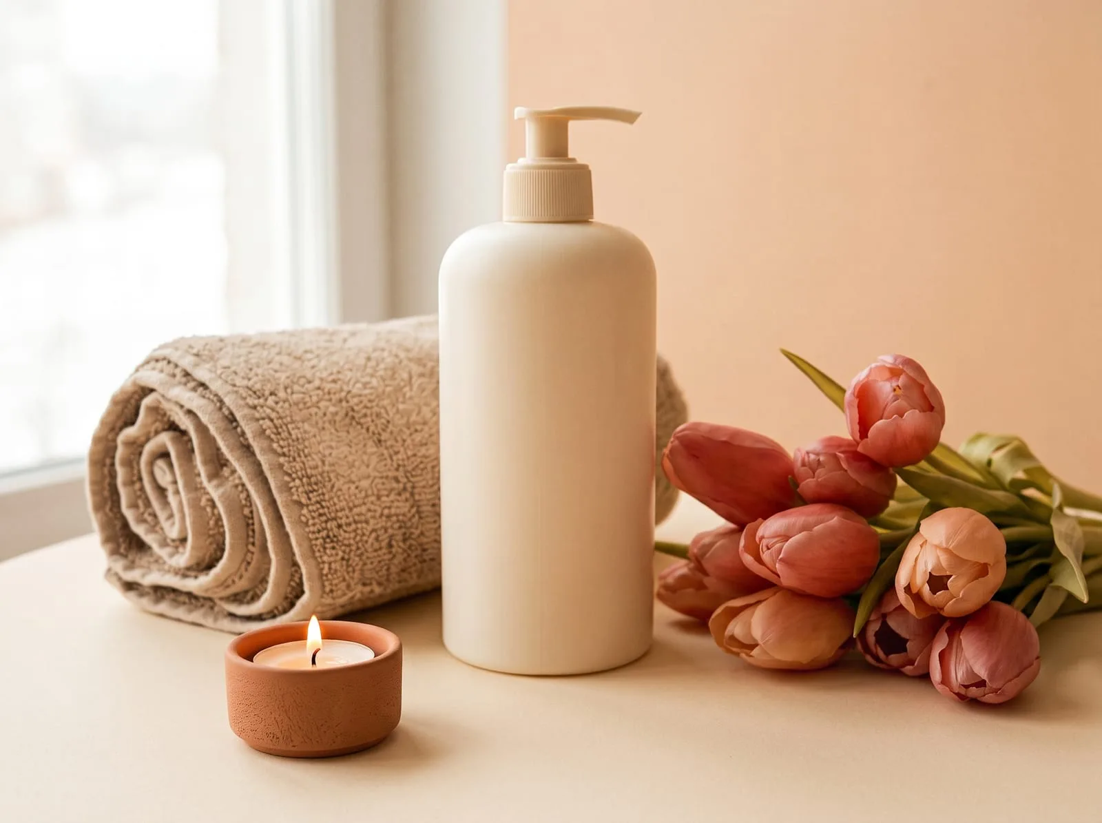 Toalla, dispenser y flores en la cabina